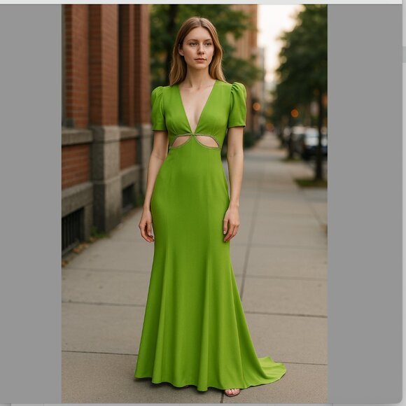 Mac Duggal Dresses & Skirts - MAC DUGGAL Dress Size 8 Evening Gown NEW Green Apple Plunge Neck Puff Sleeve